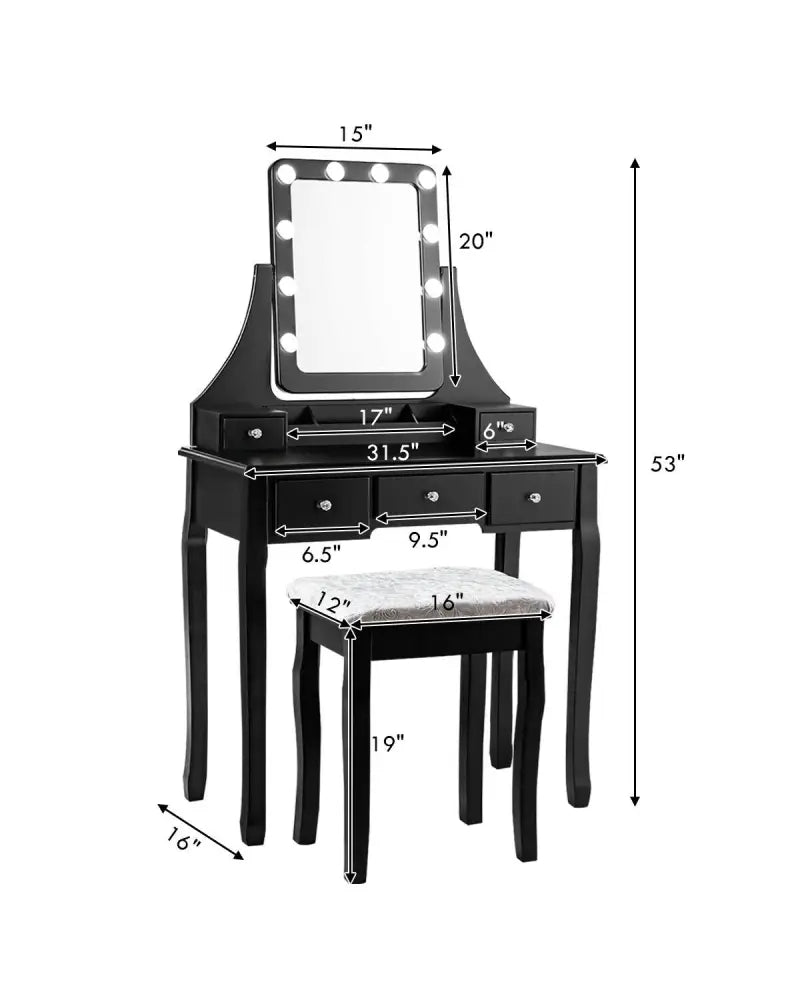 Vanity Dressing Table Set with 10 Dimmable Bulbs and Cushioned Stool-Black - Black - Makeup Vanities