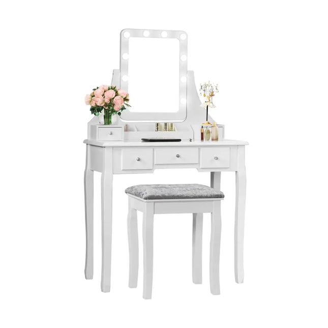 Vanity Dressing Table Set with 10 Dimmable Bulbs and Cushioned Stool-White - White - Makeup Vanities