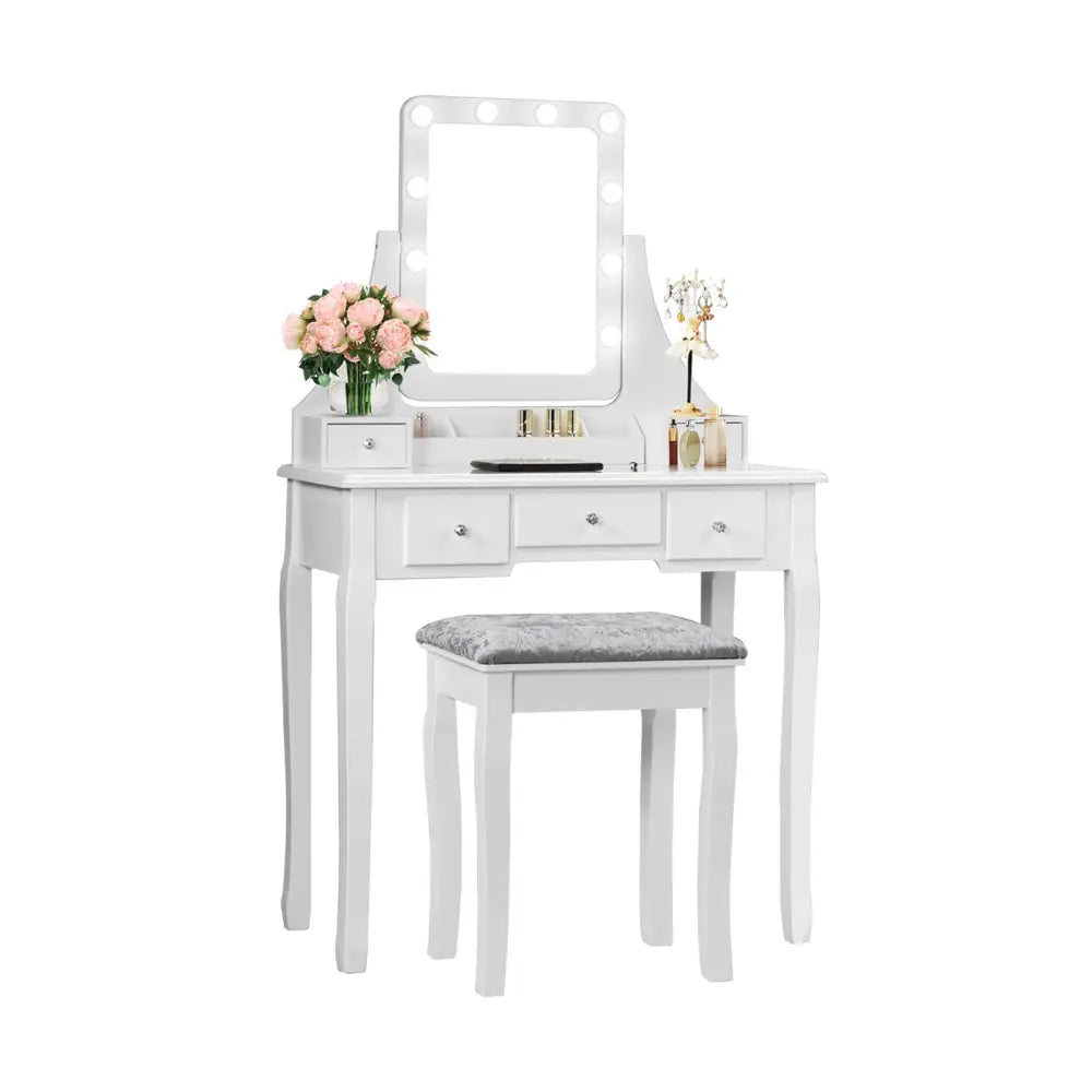 Vanity Dressing Table Set with 10 Dimmable Bulbs and Cushioned Stool-White - White - Makeup Vanities