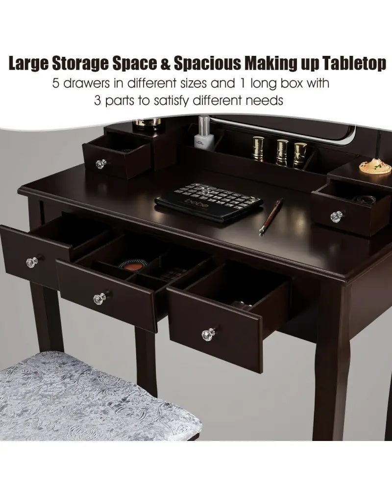 Vanity Dressing Table Set with 10 Dimmable Bulbs and Cushioned Stool-Brown - Brown - Makeup Vanities
