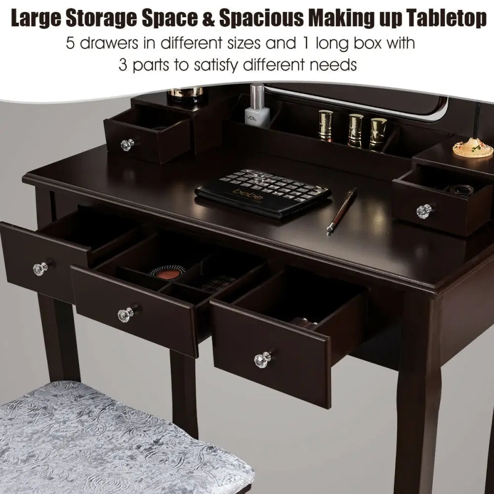 Vanity Dressing Table Set with 10 Dimmable Bulbs and Cushioned Stool-Brown - Brown - Makeup Vanities