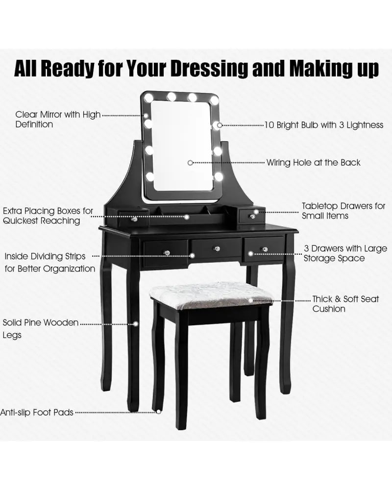 Vanity Dressing Table Set with 10 Dimmable Bulbs and Cushioned Stool-Black - Black - Makeup Vanities