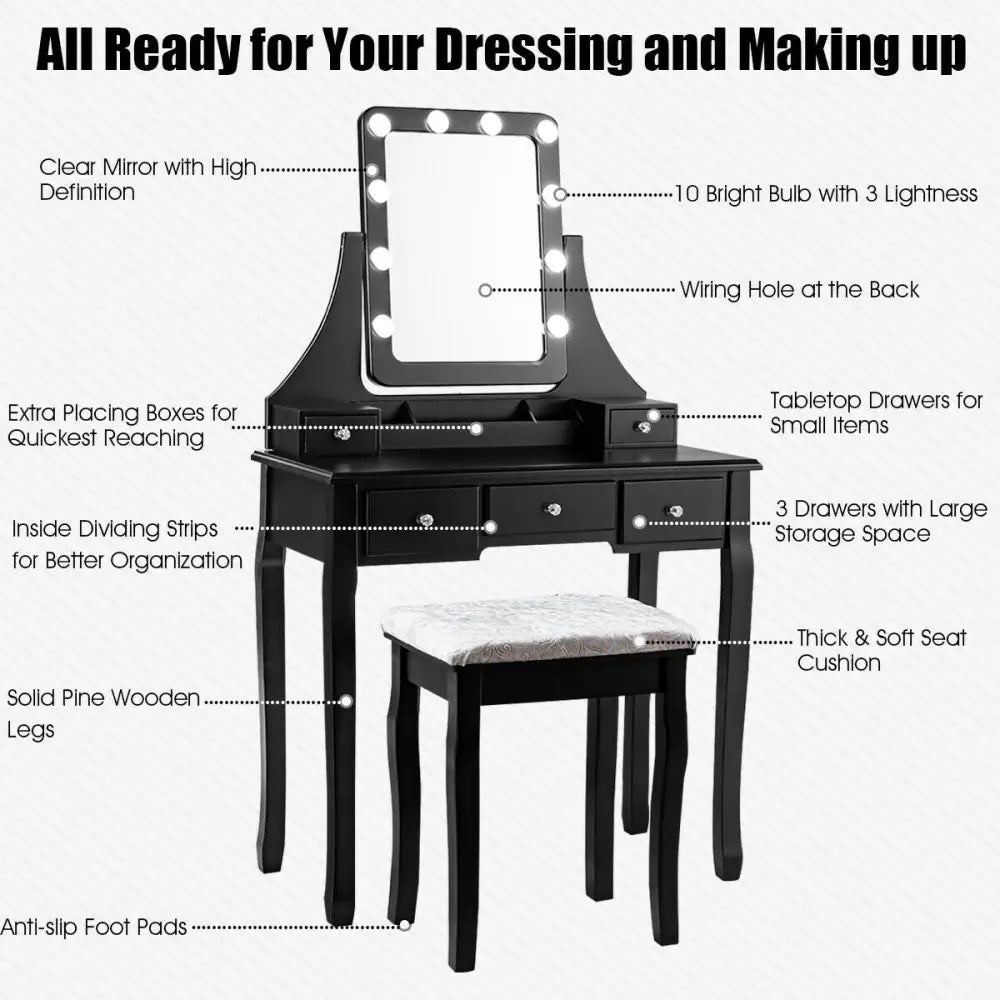 Vanity Dressing Table Set with 10 Dimmable Bulbs and Cushioned Stool-Black - Black - Makeup Vanities
