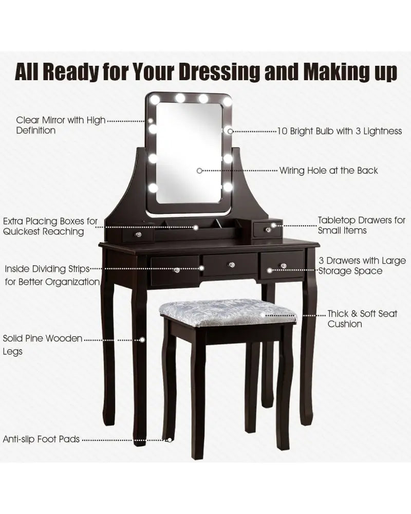 Vanity Dressing Table Set with 10 Dimmable Bulbs and Cushioned Stool-Brown - Brown - Makeup Vanities