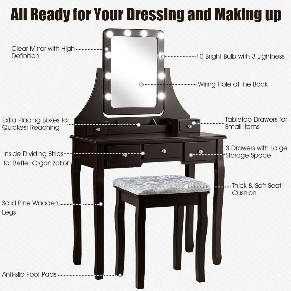 Vanity Dressing Table Set with 10 Dimmable Bulbs and Cushioned Stool-Brown - Brown - Makeup Vanities