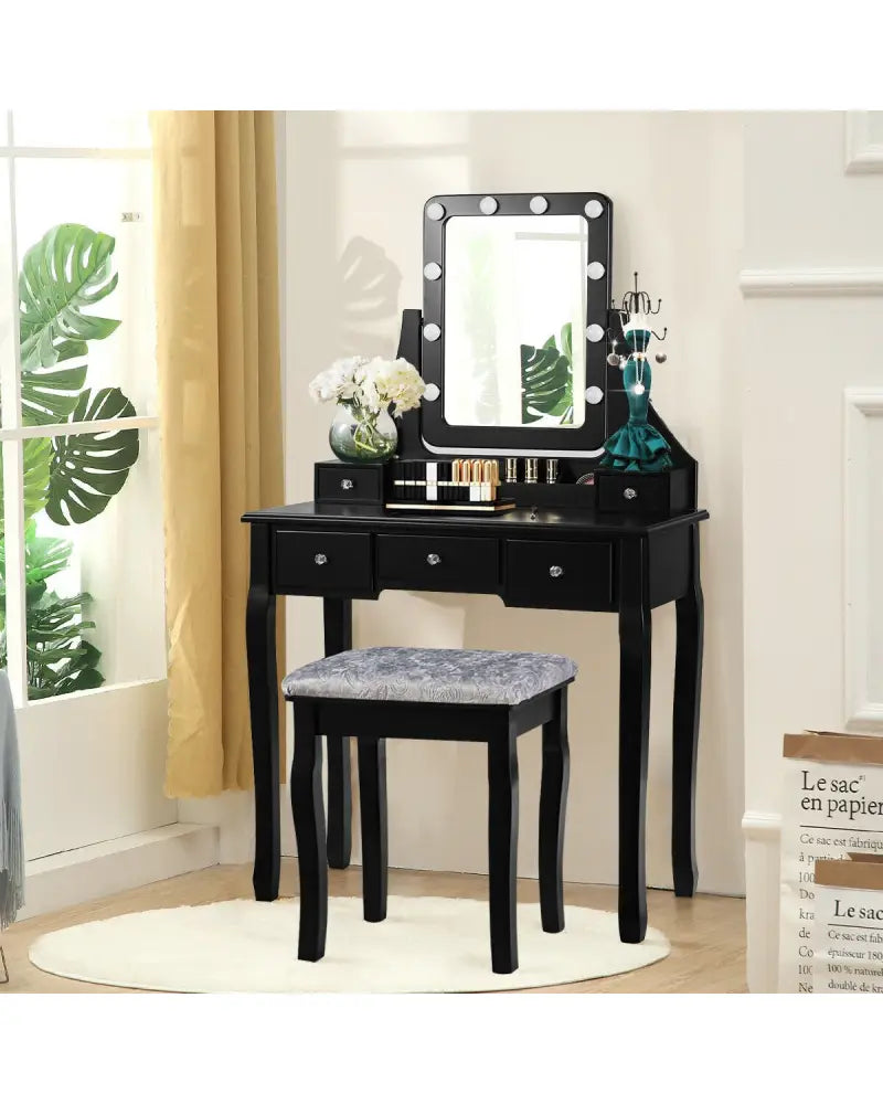 Vanity Dressing Table Set with 10 Dimmable Bulbs and Cushioned Stool-Black - Black - Makeup Vanities