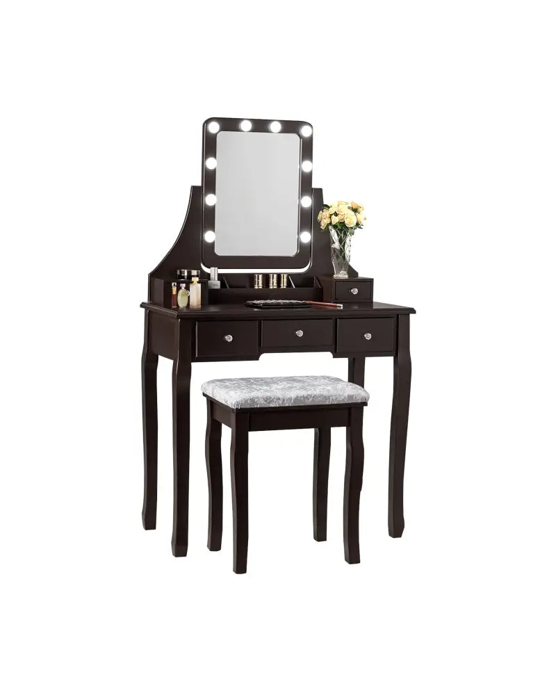Vanity Dressing Table Set with 10 Dimmable Bulbs and Cushioned Stool-Brown - Brown - Makeup Vanities