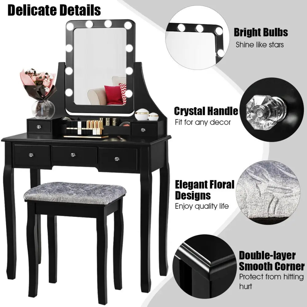 Vanity Dressing Table Set with 10 Dimmable Bulbs and Cushioned Stool-Black - Black - Makeup Vanities