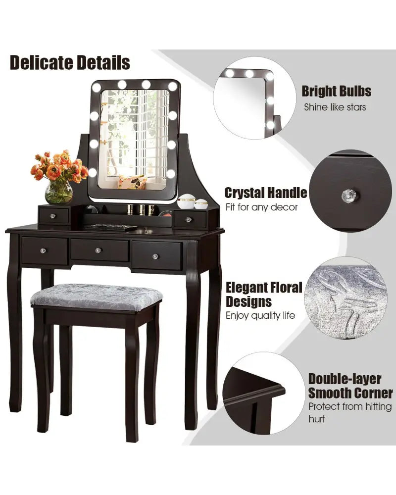 Vanity Dressing Table Set with 10 Dimmable Bulbs and Cushioned Stool-Brown - Brown - Makeup Vanities