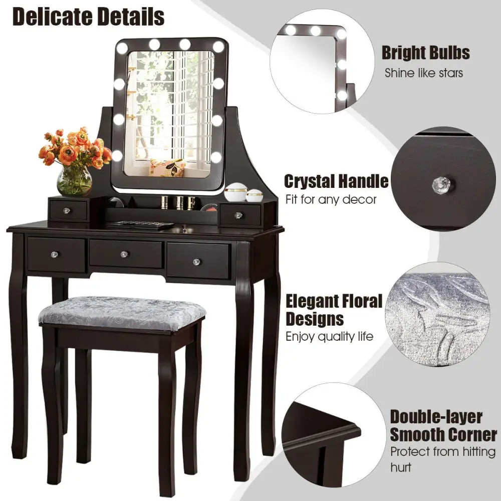 Vanity Dressing Table Set with 10 Dimmable Bulbs and Cushioned Stool-Brown - Brown - Makeup Vanities