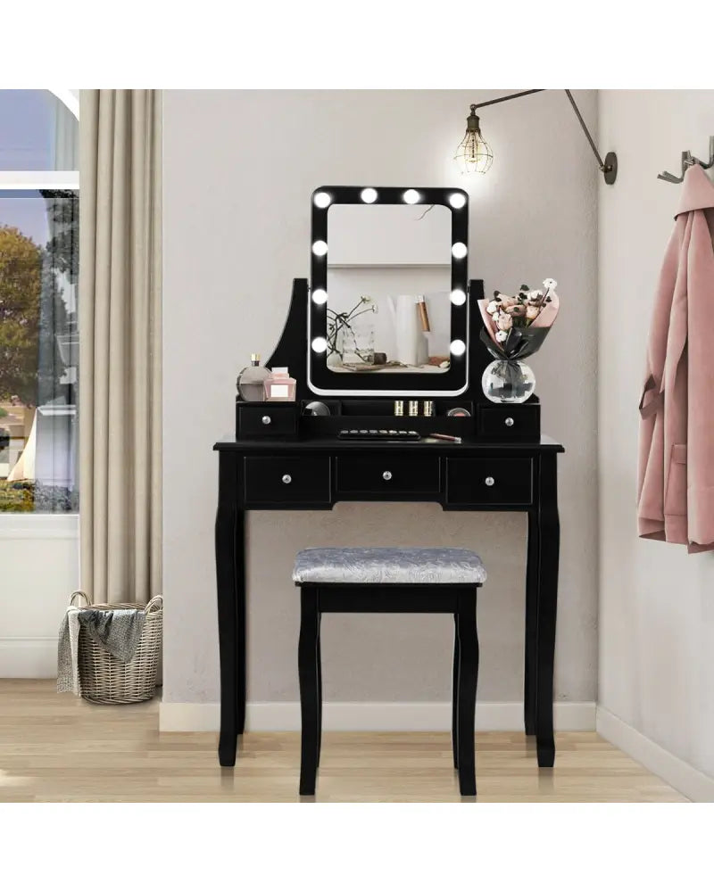 Vanity Dressing Table Set with 10 Dimmable Bulbs and Cushioned Stool-Black - Black - Makeup Vanities