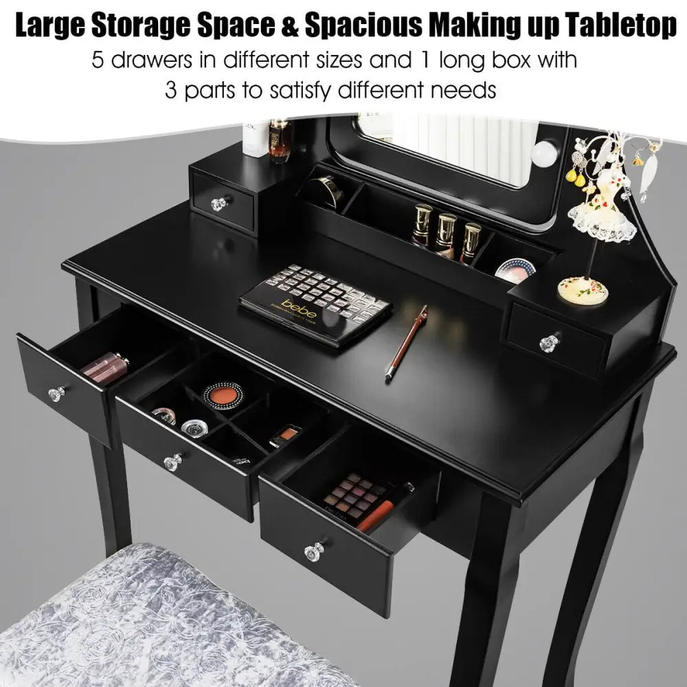 Vanity Dressing Table Set with 10 Dimmable Bulbs and Cushioned Stool-Black - Black - Makeup Vanities