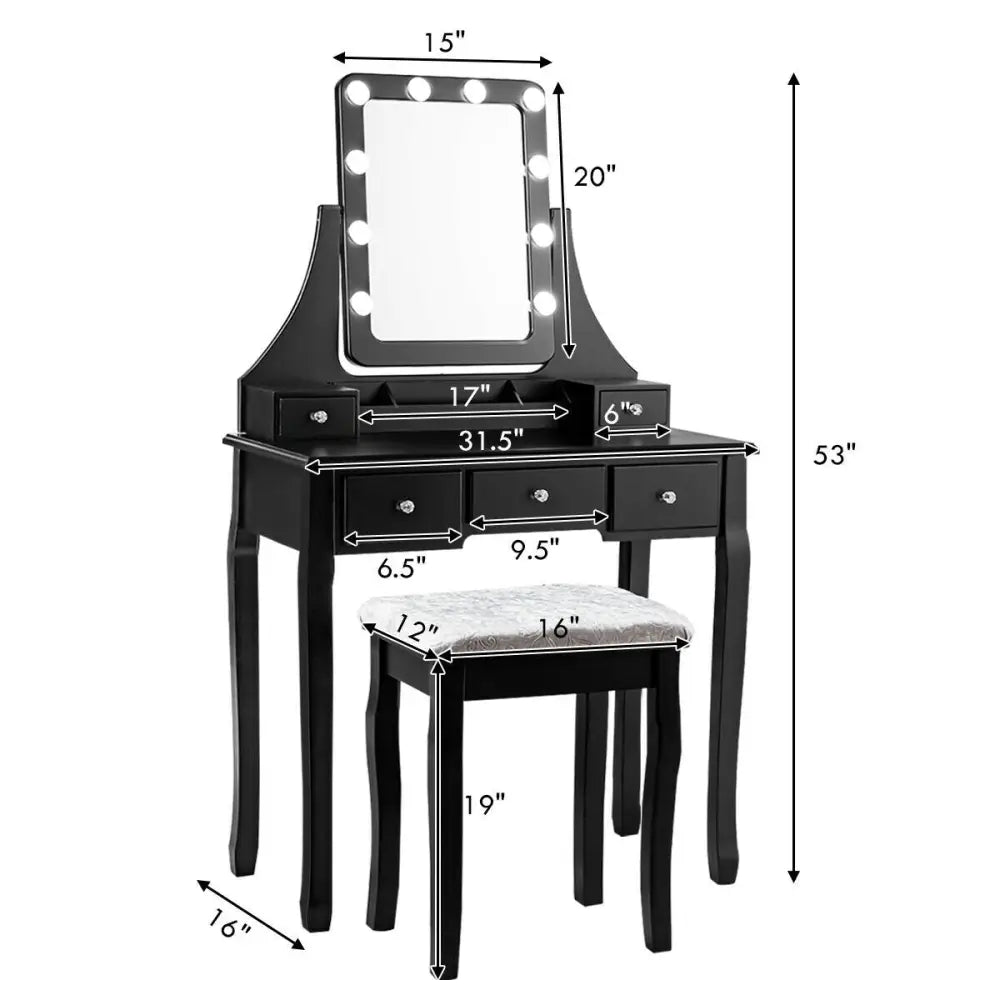 Vanity Dressing Table Set with 10 Dimmable Bulbs and Cushioned Stool-Black - Black - Makeup Vanities