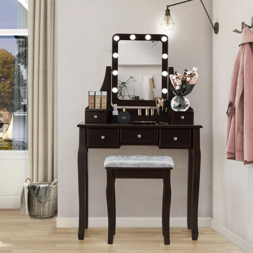 Vanity Dressing Table Set with 10 Dimmable Bulbs and Cushioned Stool-Brown - Brown - Makeup Vanities
