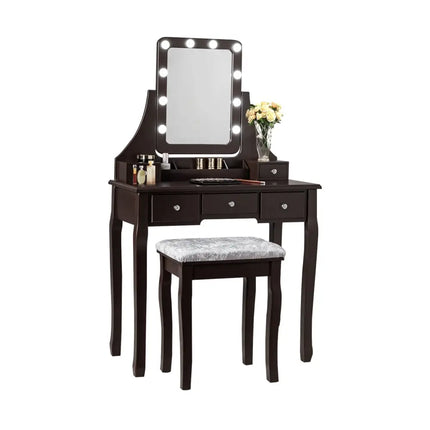 Vanity Dressing Table Set with 10 Dimmable Bulbs and Cushioned Stool-Brown - Brown - Makeup Vanities