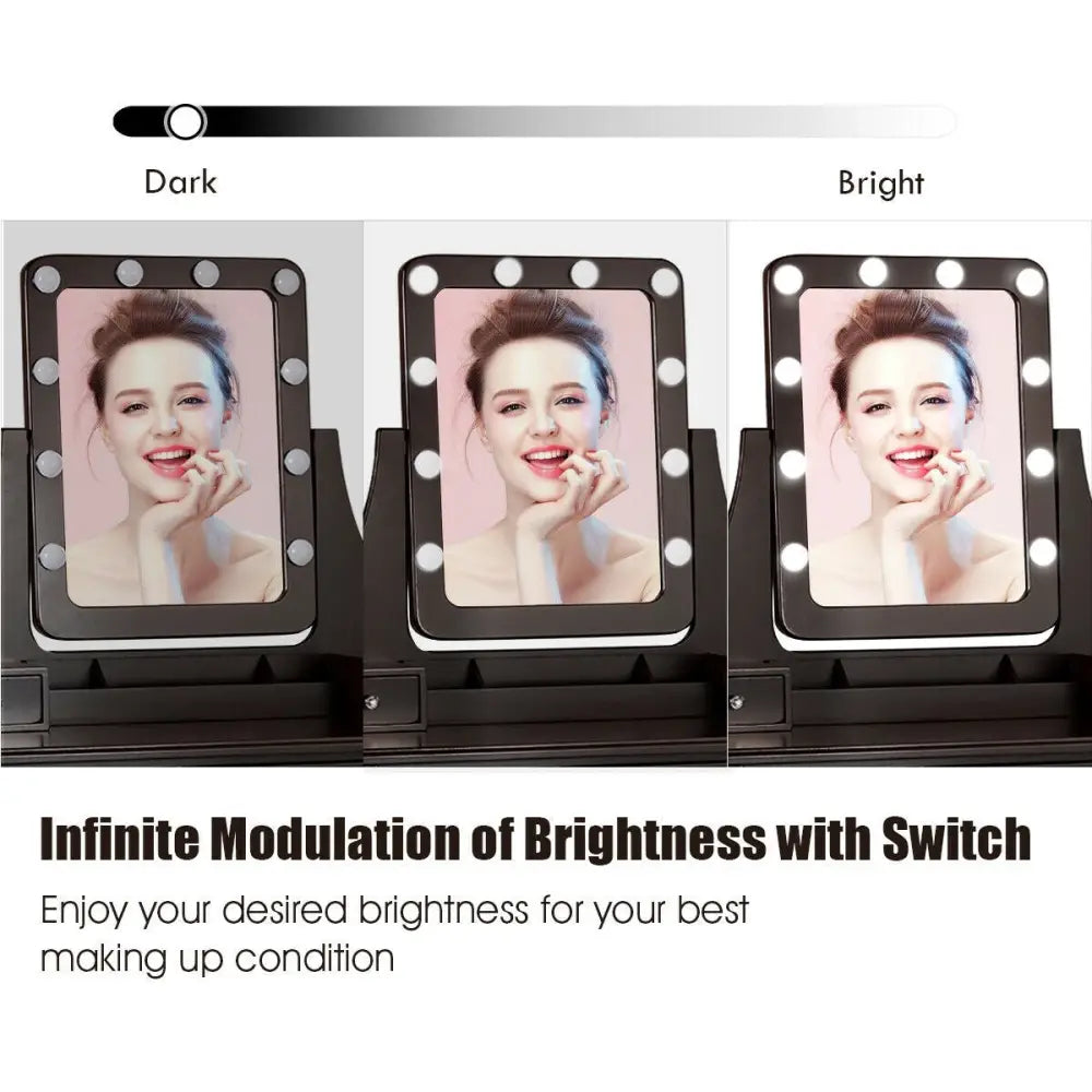 Vanity Dressing Table Set with 10 Dimmable Bulbs and Cushioned Stool-Brown - Brown - Makeup Vanities