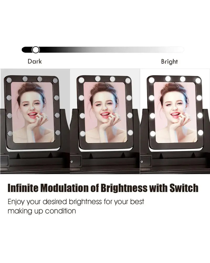 Vanity Dressing Table Set with 10 Dimmable Bulbs and Cushioned Stool-Brown - Brown - Makeup Vanities