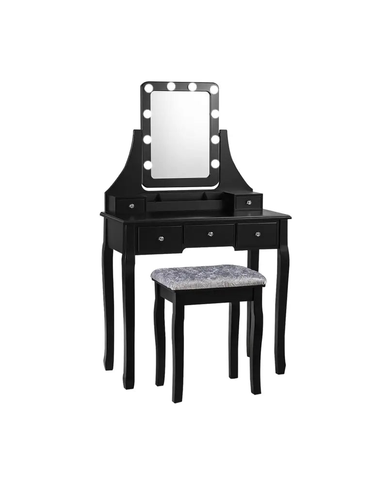 Vanity Dressing Table Set with 10 Dimmable Bulbs and Cushioned Stool-Black - Black - Makeup Vanities