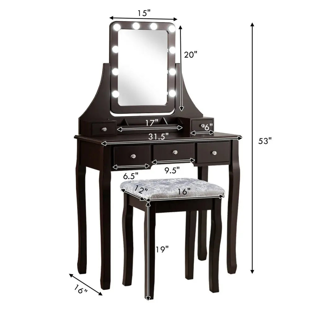 Vanity Dressing Table Set with 10 Dimmable Bulbs and Cushioned Stool-Brown - Brown - Makeup Vanities