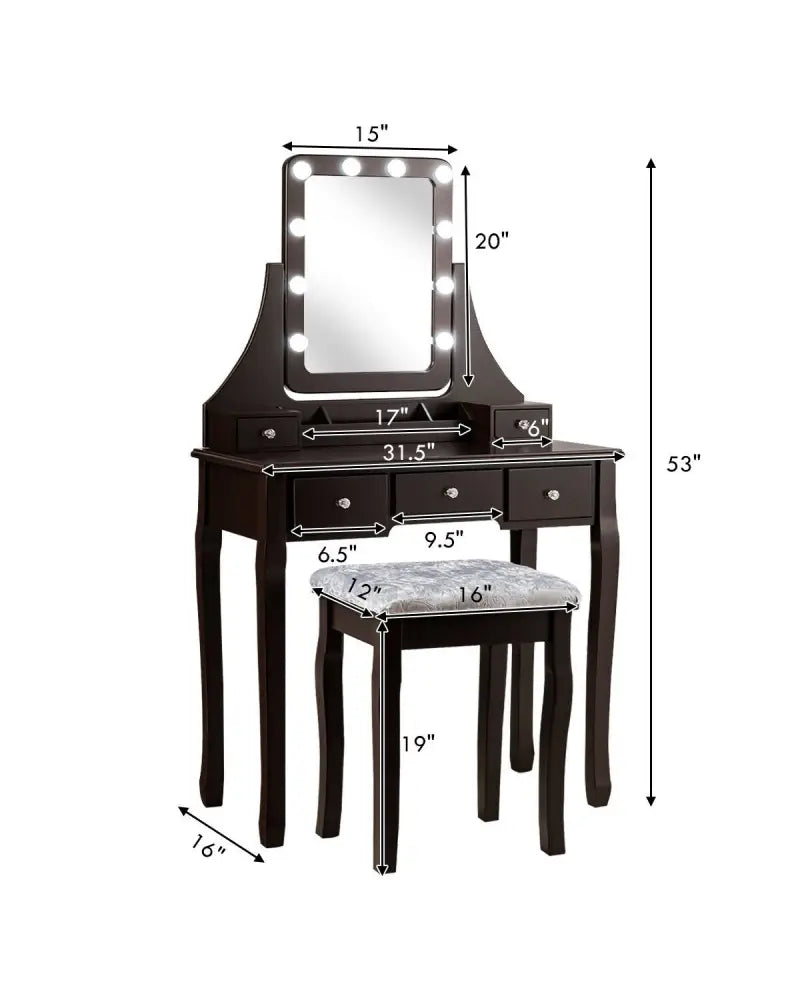 Vanity Dressing Table Set with 10 Dimmable Bulbs and Cushioned Stool-Brown - Brown - Makeup Vanities