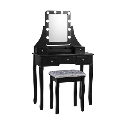 Vanity Dressing Table Set with 10 Dimmable Bulbs and Cushioned Stool-Black - Black - Makeup Vanities