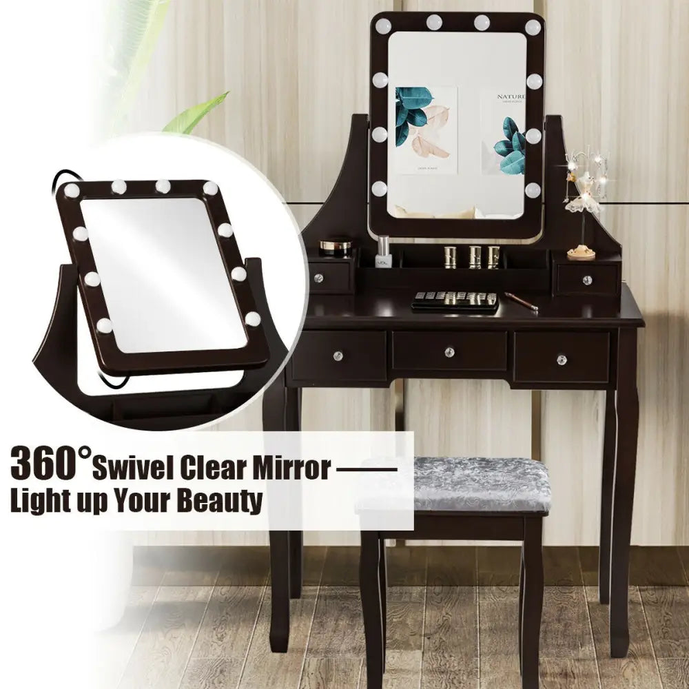 Vanity Dressing Table Set with 10 Dimmable Bulbs and Cushioned Stool-Brown - Brown - Makeup Vanities