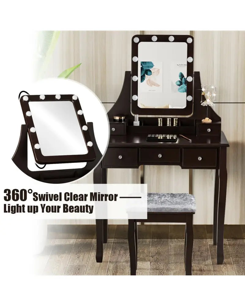 Vanity Dressing Table Set with 10 Dimmable Bulbs and Cushioned Stool-Brown - Brown - Makeup Vanities