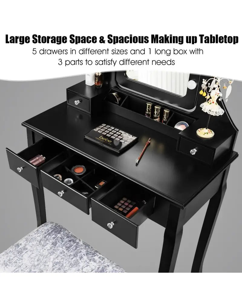 Vanity Dressing Table Set with 10 Dimmable Bulbs and Cushioned Stool-Black - Black - Makeup Vanities