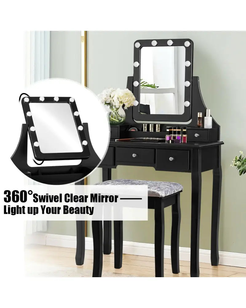 Vanity Dressing Table Set with 10 Dimmable Bulbs and Cushioned Stool-Black - Black - Makeup Vanities