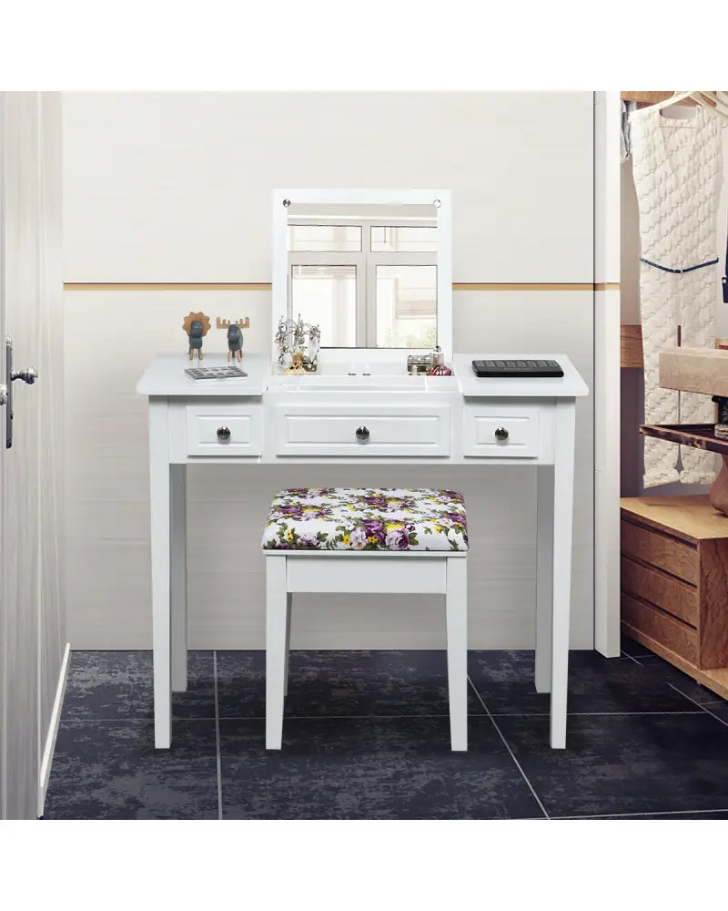 Vanity Dressing Table Set with Flip Top Mirror and 3 Drawers - White - Makeup Vanities