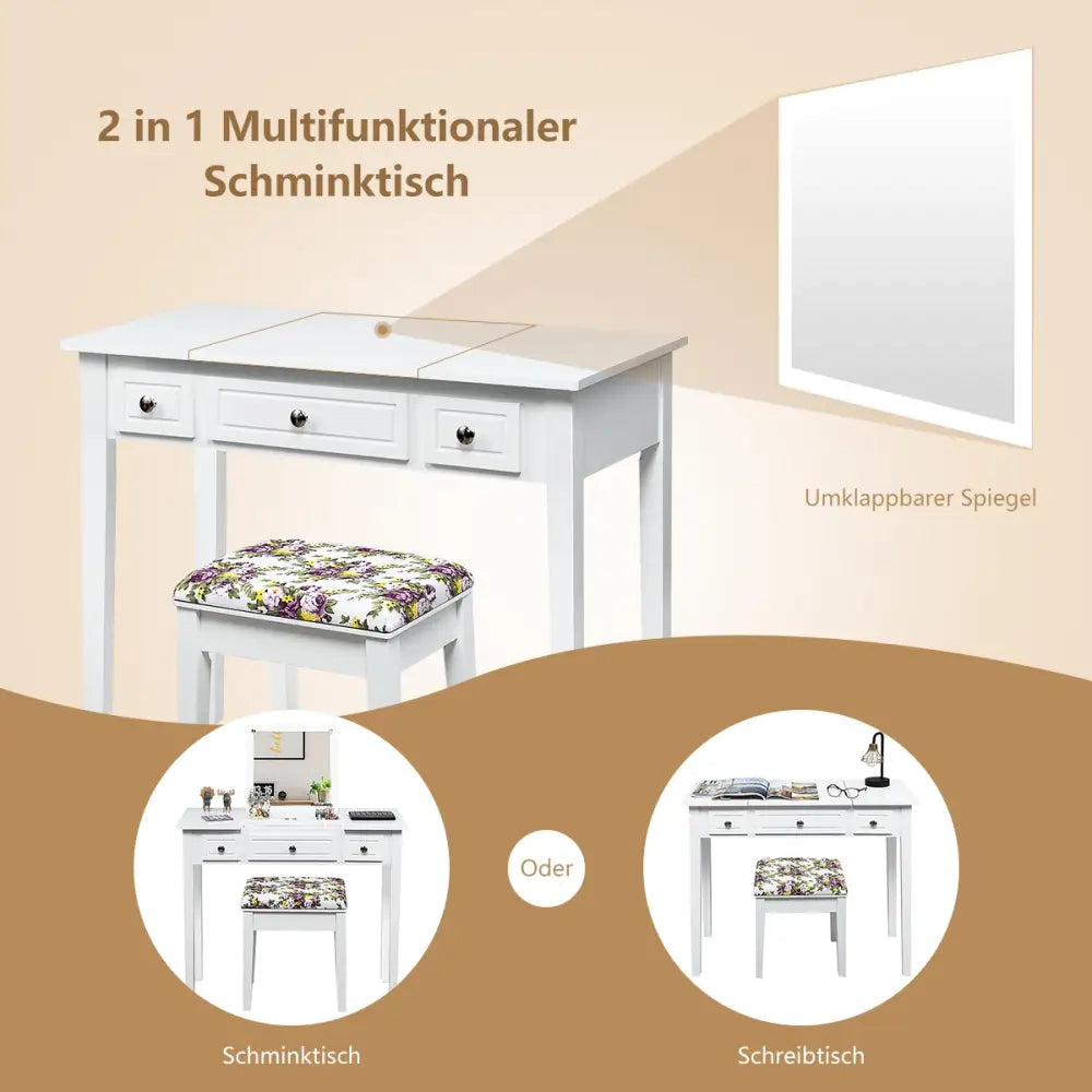 Vanity Dressing Table Set with Flip Top Mirror and 3 Drawers - White - Makeup Vanities