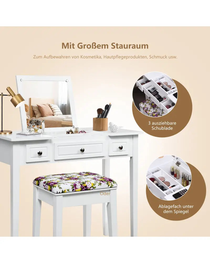 Vanity Dressing Table Set with Flip Top Mirror and 3 Drawers - White - Makeup Vanities