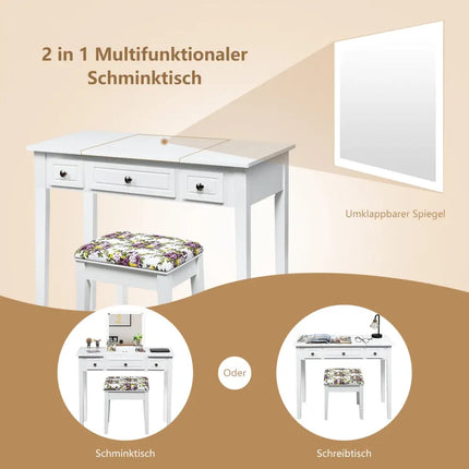 Vanity Dressing Table Set with Flip Top Mirror and 3 Drawers - White - Makeup Vanities