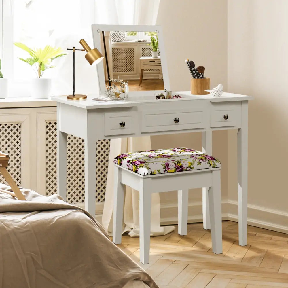 Vanity Dressing Table Set with Flip Top Mirror and 3 Drawers - White - Makeup Vanities