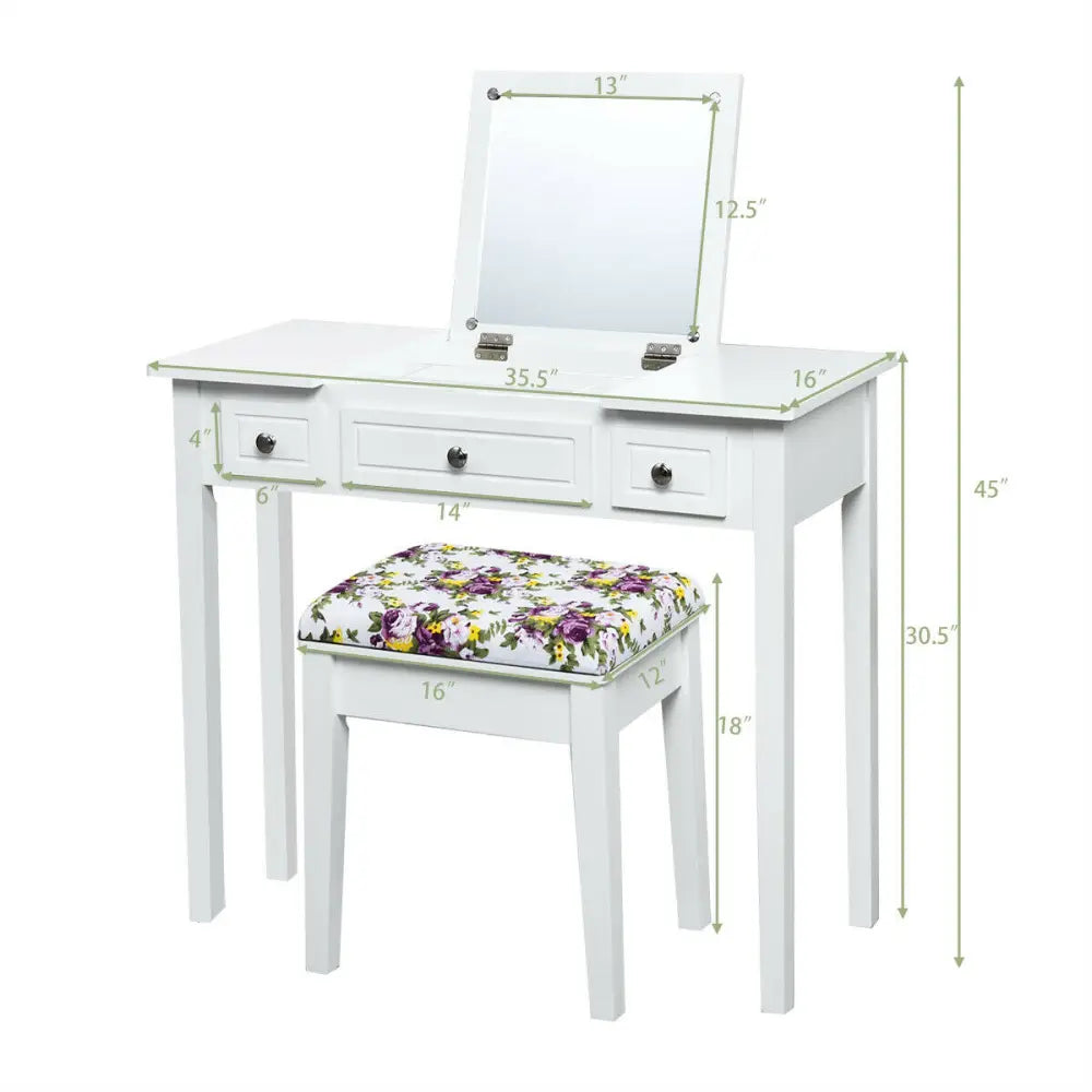 Vanity Dressing Table Set with Flip Top Mirror and 3 Drawers - White - Makeup Vanities
