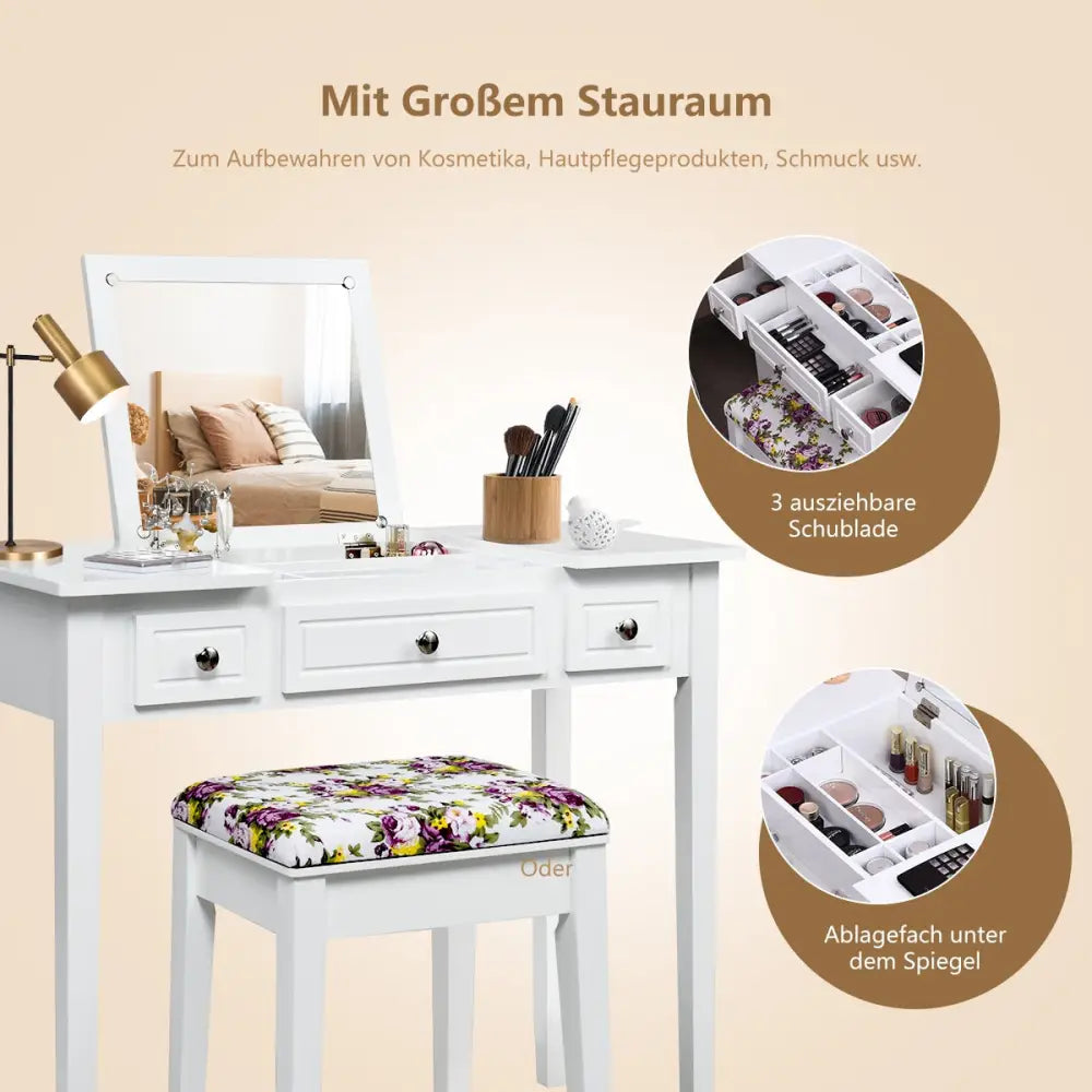 Vanity Dressing Table Set with Flip Top Mirror and 3 Drawers - White - Makeup Vanities