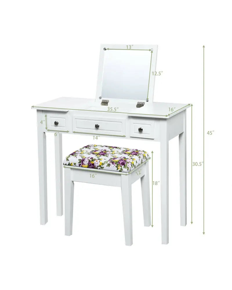 Vanity Dressing Table Set with Flip Top Mirror and 3 Drawers - White - Makeup Vanities