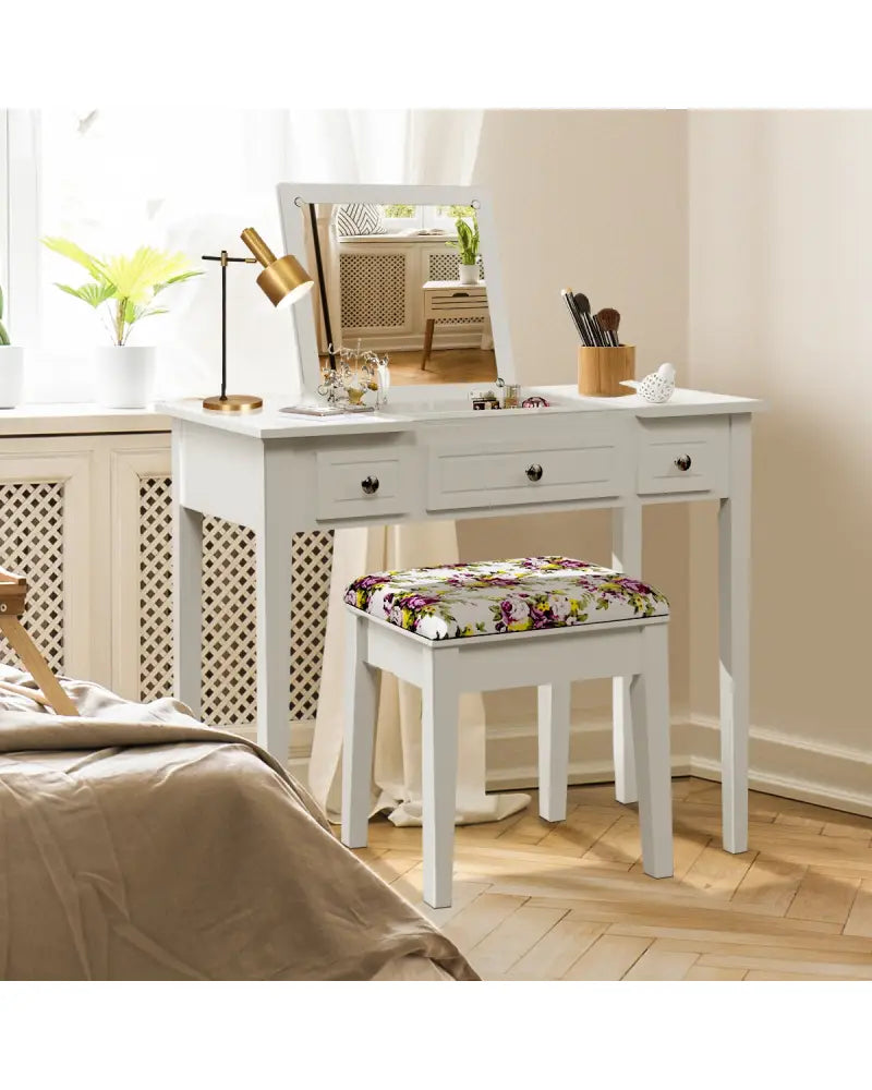 Vanity Dressing Table Set with Flip Top Mirror and 3 Drawers - White - Makeup Vanities