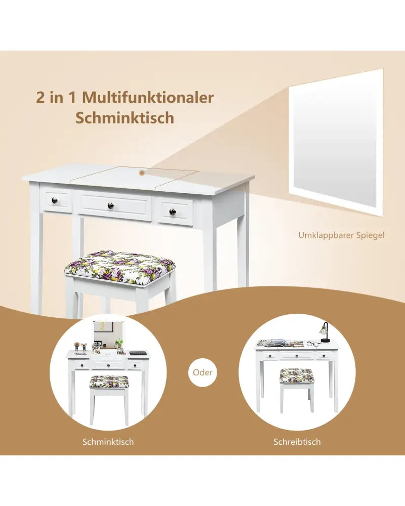 Vanity Dressing Table Set with Flip Top Mirror and 3 Drawers - White - Makeup Vanities