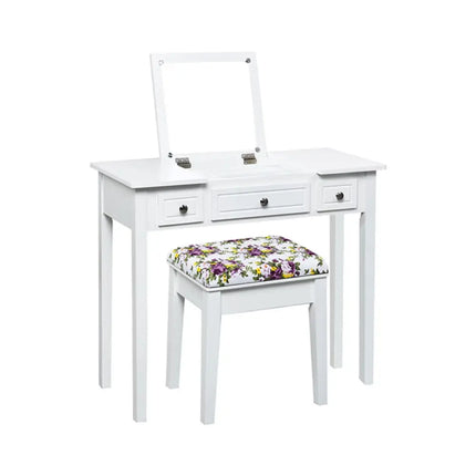 Vanity Dressing Table Set with Flip Top Mirror and 3 Drawers - White - Makeup Vanities