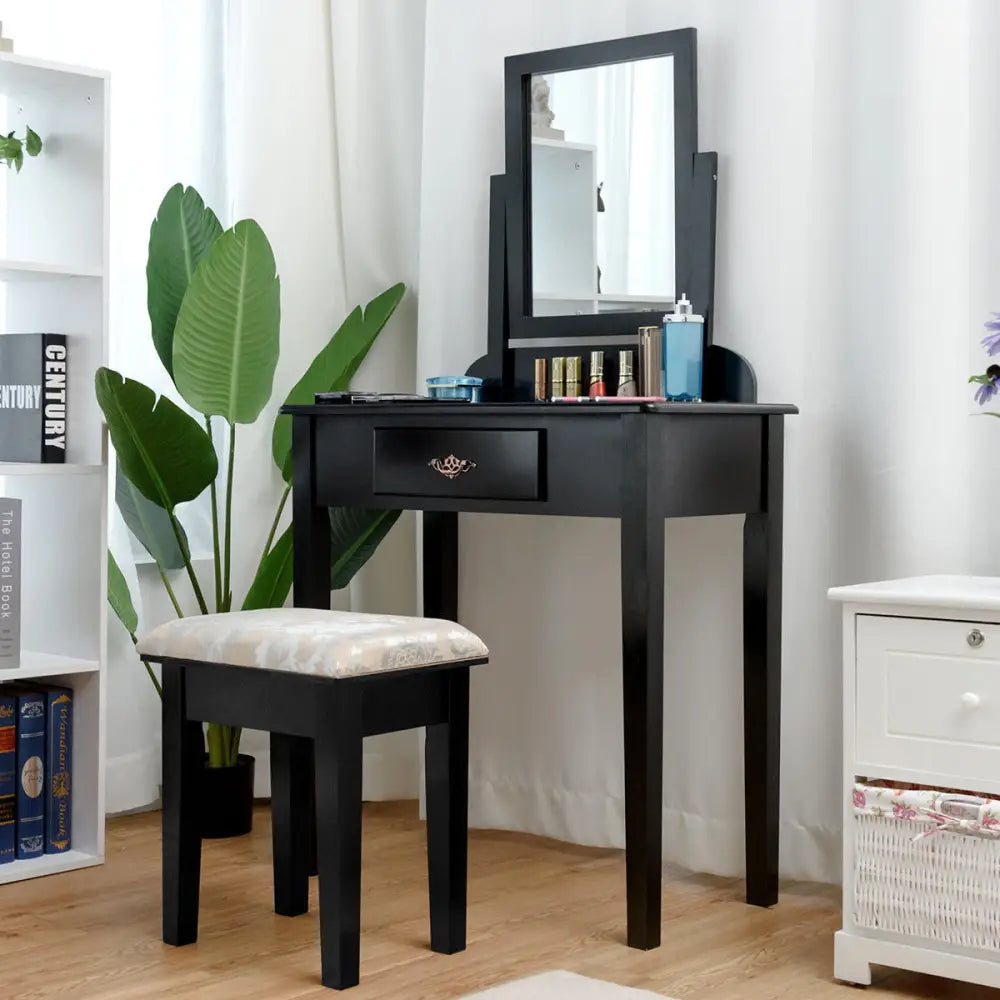 Vanity Dressing Table Stool Set with Large Makeup Mirror - Black - Makeup Vanities