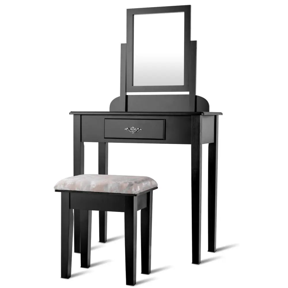 Vanity Dressing Table Stool Set with Large Makeup Mirror - Black - Makeup Vanities