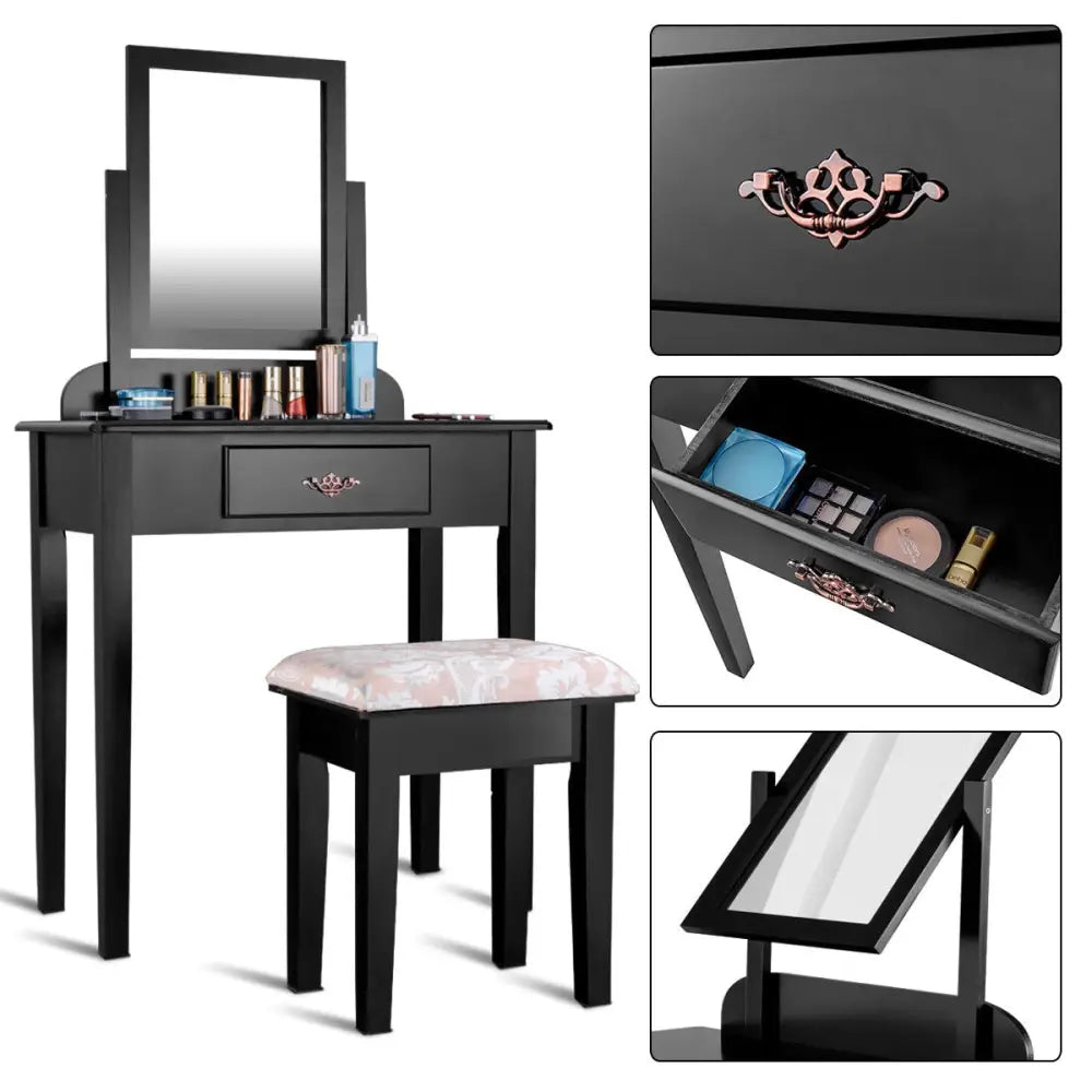Vanity Dressing Table Stool Set with Large Makeup Mirror - Black - Makeup Vanities