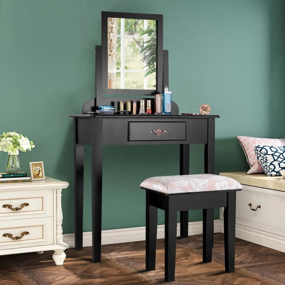 Vanity Dressing Table Stool Set with Large Makeup Mirror - Black - Makeup Vanities