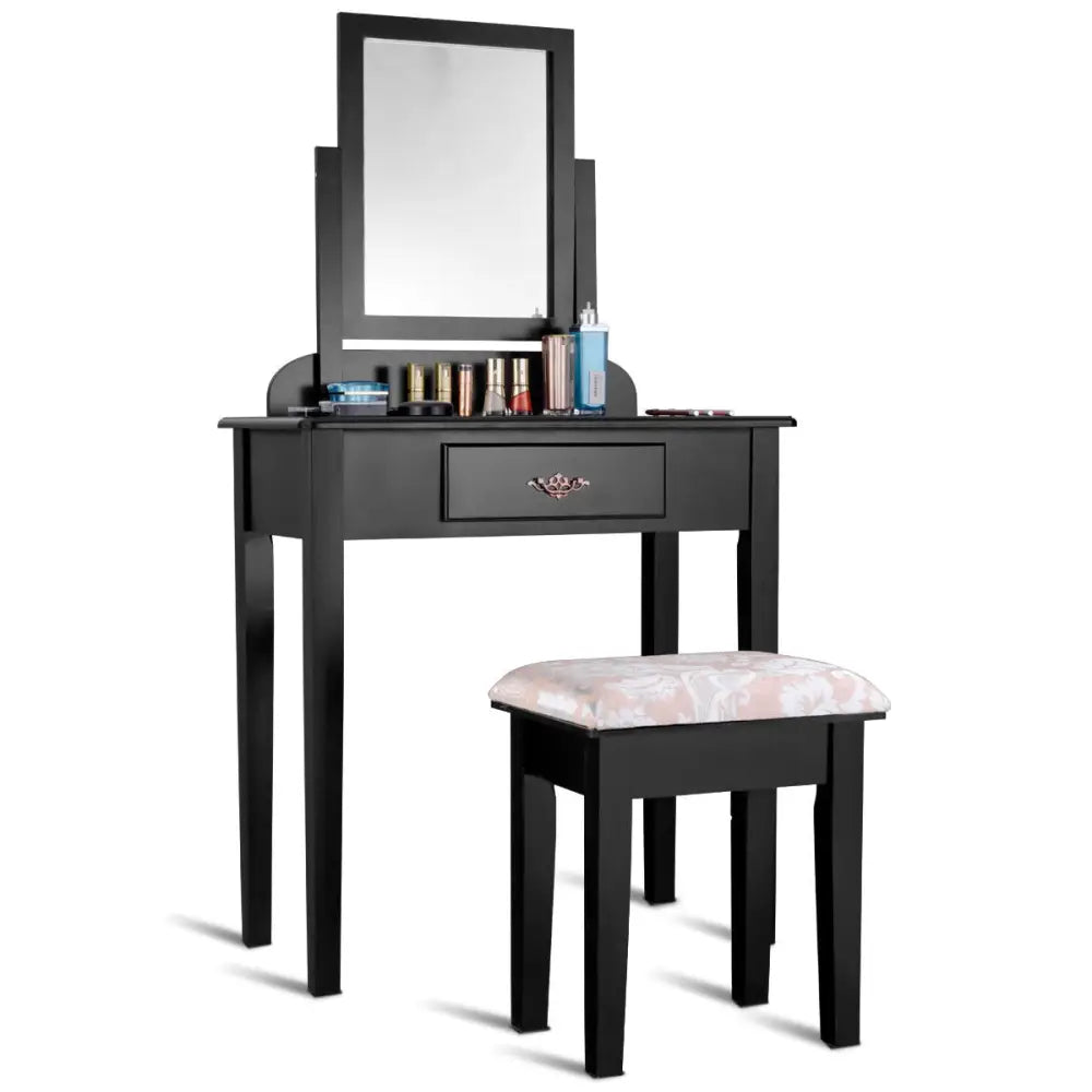 Vanity Dressing Table Stool Set with Large Makeup Mirror - Black - Makeup Vanities