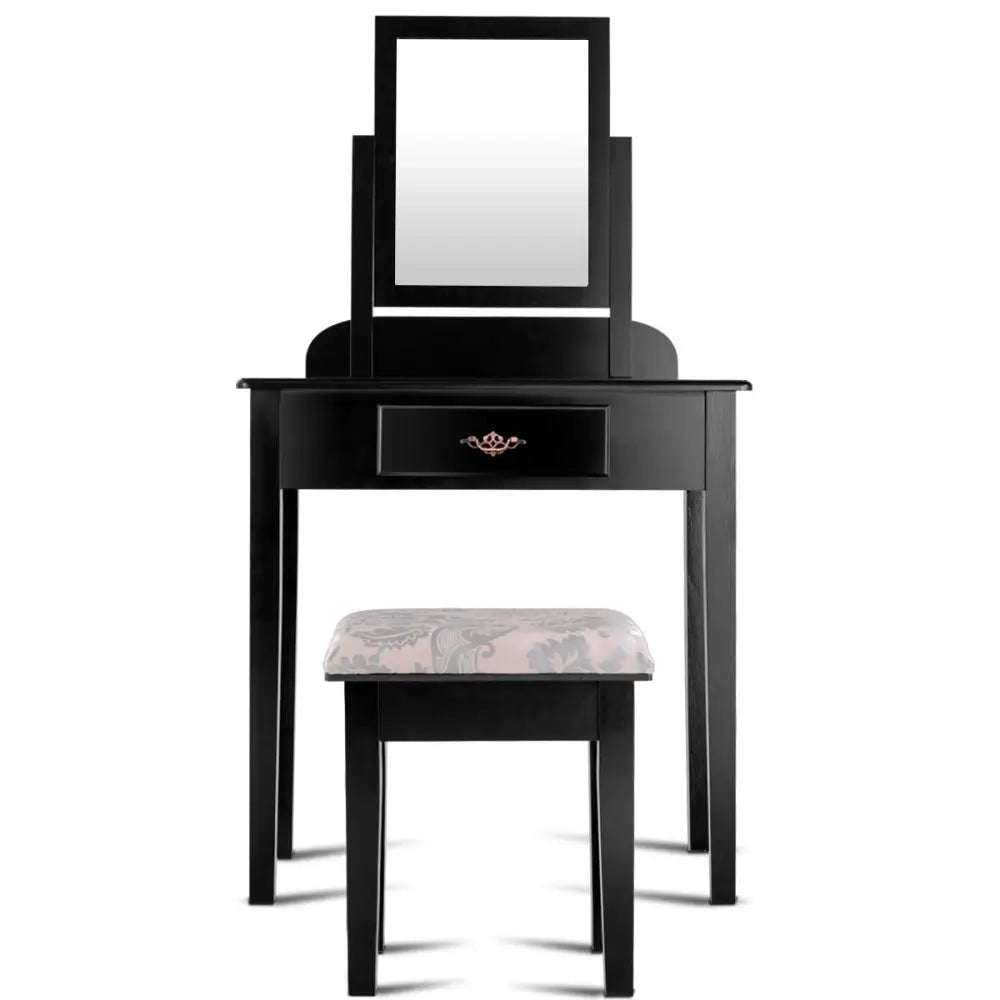 Vanity Dressing Table Stool Set with Large Makeup Mirror - Black - Makeup Vanities