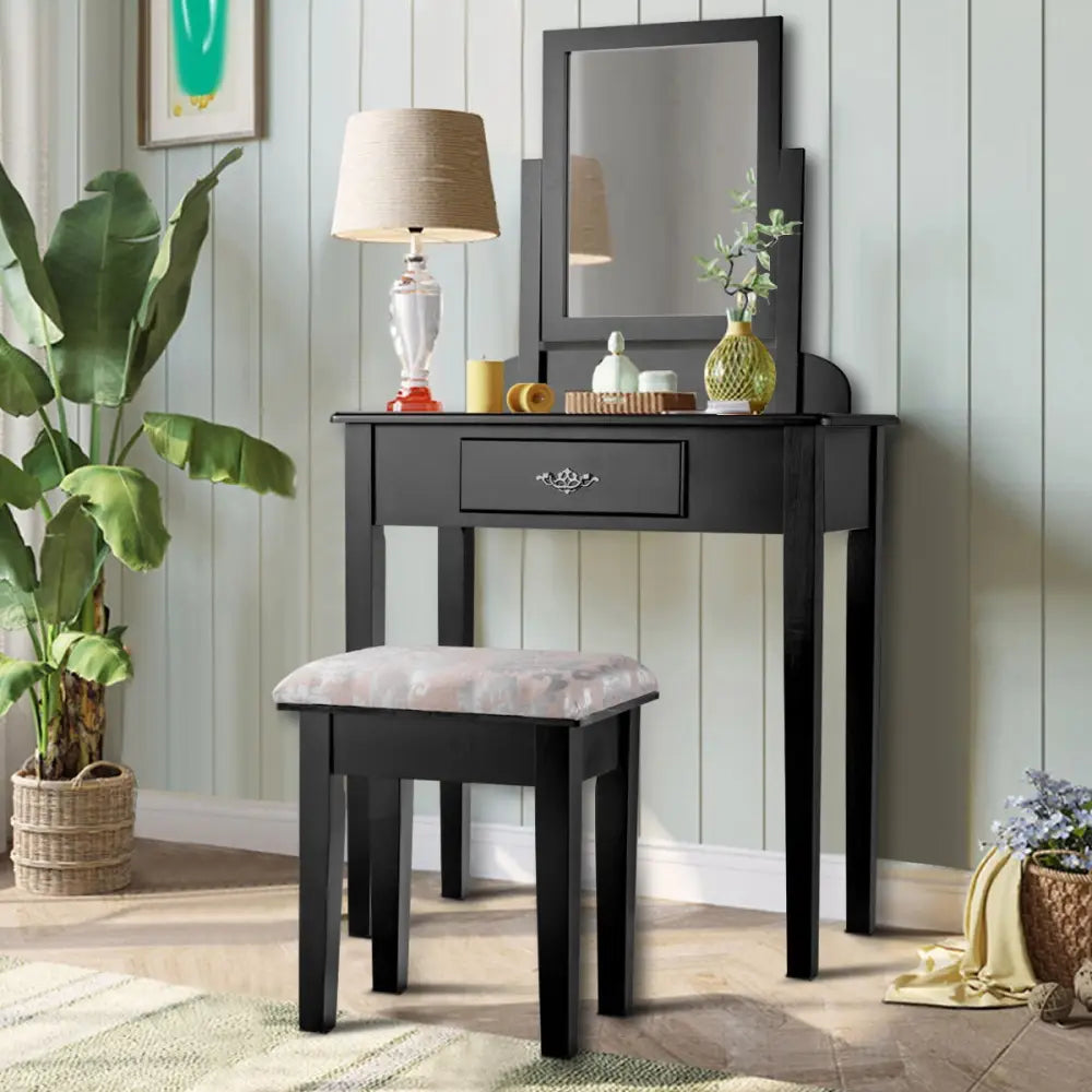 Vanity Dressing Table Stool Set with Large Makeup Mirror - Black - Makeup Vanities