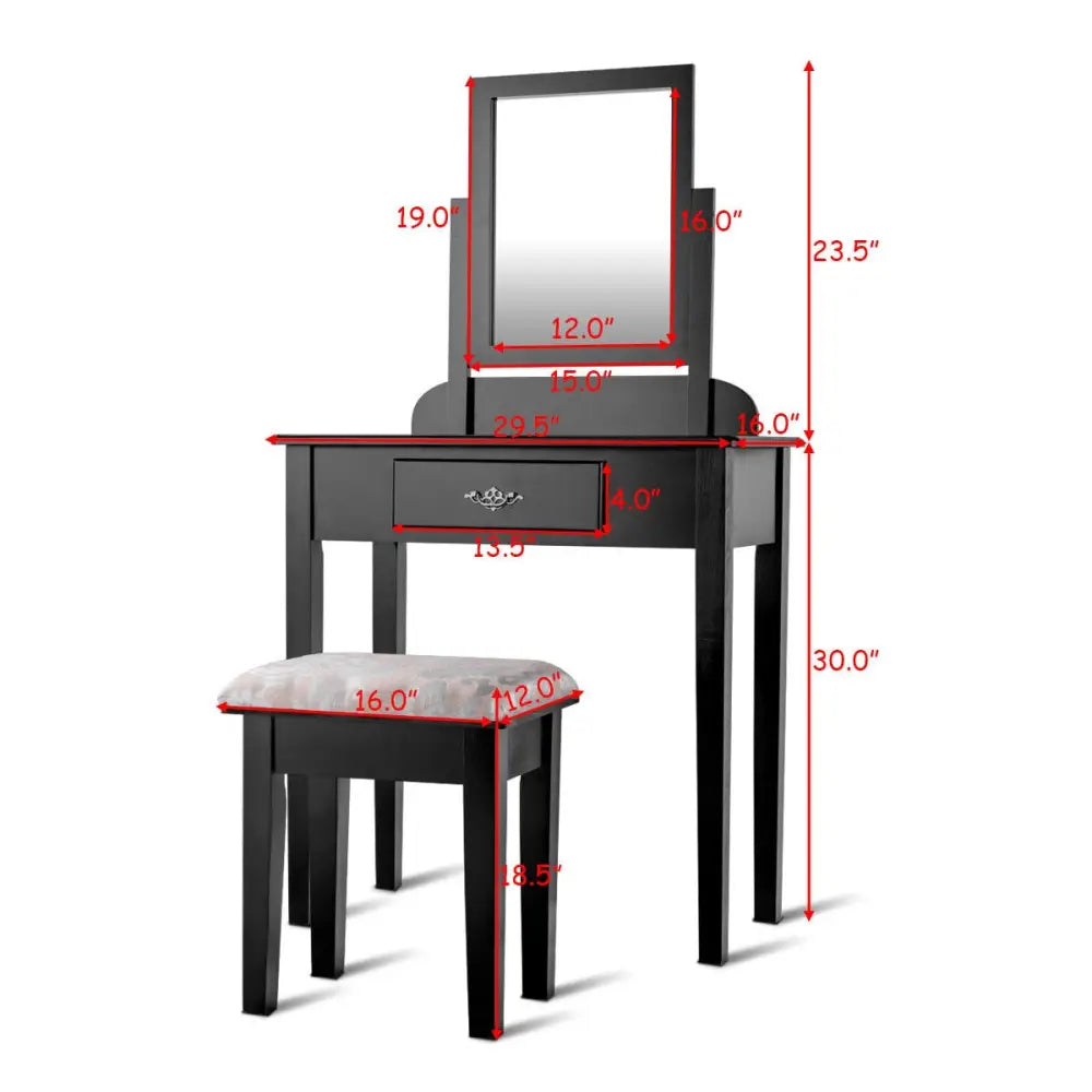 Vanity Dressing Table Stool Set with Large Makeup Mirror - Black - Makeup Vanities