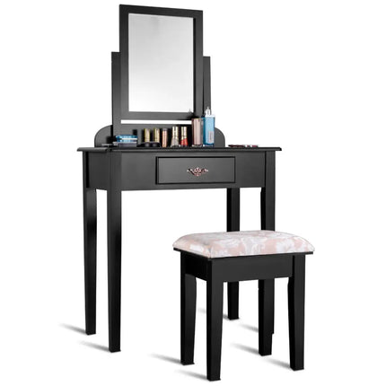 Vanity Dressing Table Stool Set with Large Makeup Mirror - Black - Makeup Vanities