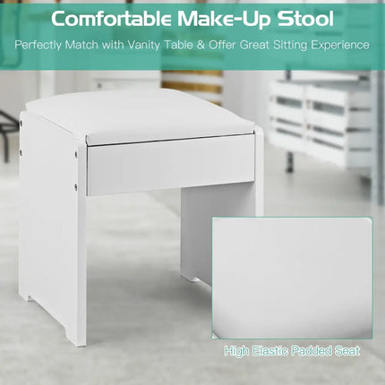Vanity Makeup Dressing Table Set with Flip Top Mirror and Cushioned Stool-White - White - Makeup Vanities